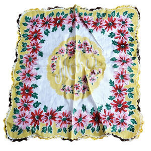 Beautiful Vintage Floral Woman's Handkerchief 12.5" x 12.5" Mother Crochet Edges